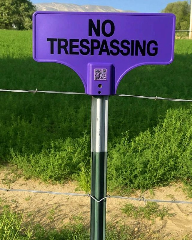 Custom purple Whack-A-Sign No Trespassing sign posted on a T-post